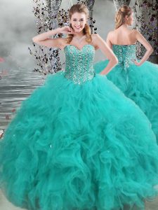 Latest Turquoise Ball Gowns Beading and Ruffles Sweet 16 Dress Lace Up Organza Sleeveless Floor Length
