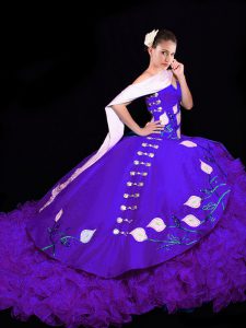 Luxurious Purple Organza Lace Up 15 Quinceanera Dress Sleeveless Brush Train Embroidery and Ruffles