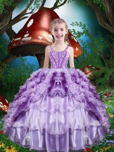 Straps Sleeveless Glitz Pageant Dress Floor Length Beading and Ruffles and Ruffled Layers Lavender Organza
