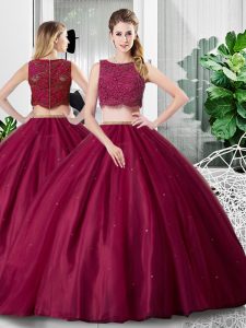 Beautiful Scoop Sleeveless 15th Birthday Dress Floor Length Lace and Ruching Fuchsia Tulle