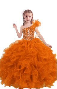 Orange Red Sleeveless Floor Length Beading and Ruffles Lace Up Kids Pageant Dress