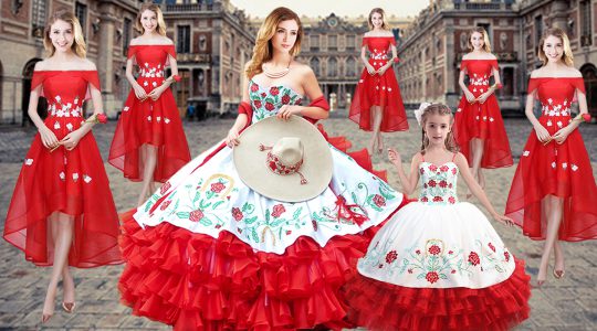 Smart Red Lace Up Sweetheart Embroidery and Ruffled Layers Quinceanera Gown Organza Sleeveless