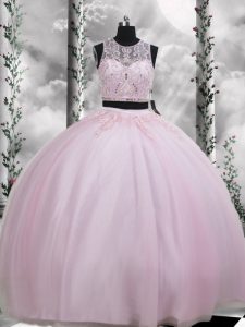 Baby Pink Zipper Ball Gown Prom Dress Beading and Appliques Sleeveless Floor Length