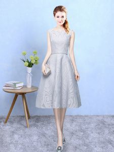 Best Selling Grey Empire Lace Damas Dress Zipper Lace Sleeveless Tea Length