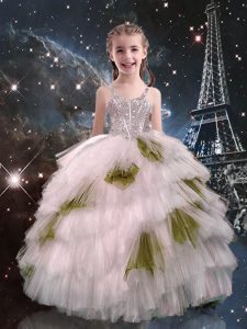 White Ball Gowns Tulle Straps Sleeveless Beading and Ruffled Layers Floor Length Lace Up Little Girls Pageant Gowns