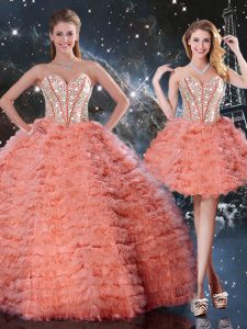 Latest Watermelon Red Sweetheart Neckline Beading and Ruffled Layers Quinceanera Dress Sleeveless Lace Up