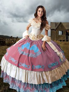 Classical Sleeveless Embroidery and Ruffled Layers Lace Up Ball Gown Prom Dress with Multi-color Brush Train