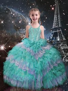 Perfect Organza Straps Sleeveless Lace Up Beading and Ruffled Layers Custom Made Pageant Dress in Turquoise