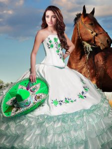 Custom Designed White Ball Gowns Square Sleeveless Organza Floor Length Lace Up Embroidery and Ruffled Layers Quinceanera Dresses