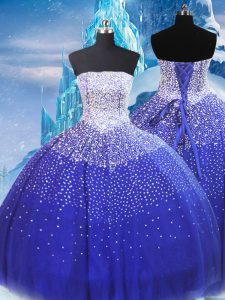 High Quality Strapless Sleeveless Lace Up 15th Birthday Dress Blue Tulle