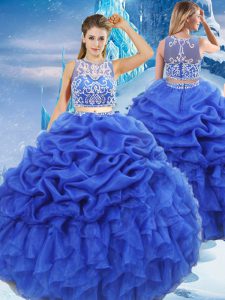 Wonderful Royal Blue 15 Quinceanera Dress Military Ball and Sweet 16 and Quinceanera with Beading and Ruffles and Pick Ups Scoop Sleeveless Zipper