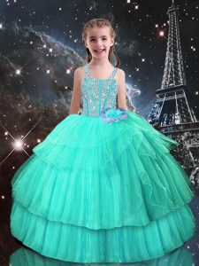 Turquoise Ball Gowns Straps Sleeveless Tulle Floor Length Lace Up Beading Pageant Gowns For Girls