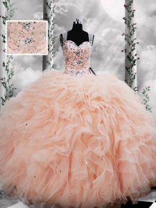 Peach Quinceanera Dress Military Ball and Sweet 16 and Quinceanera with Beading and Ruffles Straps Sleeveless Lace Up