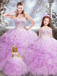 New Arrival Lilac Sweetheart Neckline Beading and Ruffles Quinceanera Gown Sleeveless Lace Up