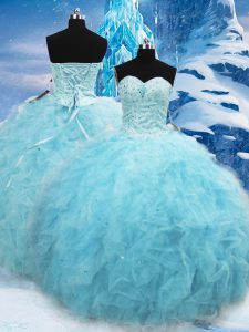 New Style Aqua Blue Sweetheart Lace Up Beading and Pick Ups Quinceanera Gowns Sleeveless