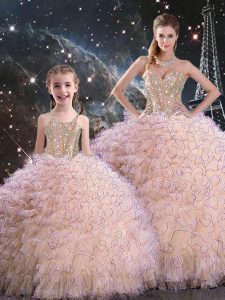 Unique Peach Ball Gown Prom Dress Military Ball and Sweet 16 and Quinceanera with Beading and Ruffles Sweetheart Sleeveless Lace Up