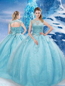 Aqua Blue Scoop Lace Up Beading Quinceanera Gowns Brush Train Sleeveless