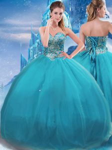 Admirable Teal Ball Gowns Appliques Quinceanera Gown Lace Up Tulle Sleeveless Floor Length