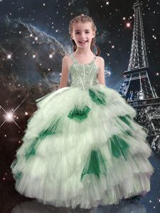 Beautiful White Straps Neckline Beading and Ruffled Layers Little Girls Pageant Dress Wholesale Sleeveless Lace Up