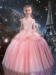 Rose Pink Sleeveless Floor Length Beading Lace Up High School Pageant Dress