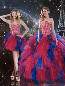 Attractive Multi-color Lace Up Sweetheart Beading and Ruffles Quince Ball Gowns Tulle Sleeveless