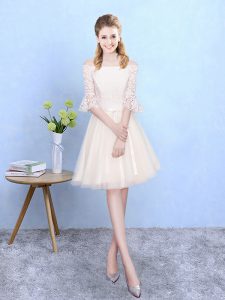 Customized Champagne Half Sleeves Knee Length Lace Lace Up Dama Dress for Quinceanera