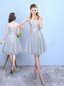 Luxury Knee Length Lace Up Dama Dress Silver for Wedding Party with Lace