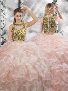 Peach Two Pieces Organza Scoop Sleeveless Beading and Ruffles Floor Length Zipper Sweet 16 Quinceanera Dress
