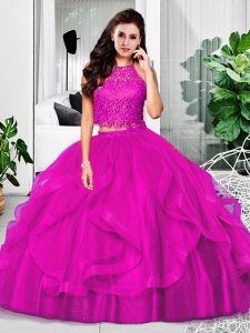 Lace and Ruffles Sweet 16 Quinceanera Dress Fuchsia Zipper Sleeveless Floor Length