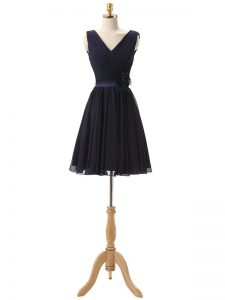 Exquisite A-line Quinceanera Court of Honor Dress Navy Blue V-neck Chiffon Sleeveless Mini Length Lace Up