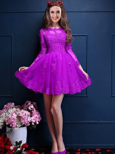 Eggplant Purple Scalloped Lace Up Beading and Lace and Appliques Court Dresses for Sweet 16 3 4 Length Sleeve