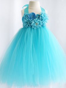 Aqua Blue Halter Top Side Zipper Hand Made Flower Pageant Dress for Girls Sleeveless