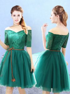 Knee Length Green Dama Dress Off The Shoulder Half Sleeves Lace Up