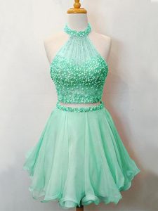 Knee Length Lace Up Court Dresses for Sweet 16 Apple Green for Prom and Party and Wedding Party with Beading