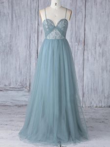 Pretty Empire Court Dresses for Sweet 16 Grey Spaghetti Straps Tulle Sleeveless Floor Length Criss Cross