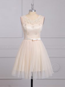 Champagne A-line Appliques and Belt Court Dresses for Sweet 16 Lace Up Lace Sleeveless Mini Length