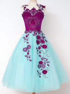 Aqua Blue Tulle Lace Up Straps Sleeveless Knee Length Quinceanera Court of Honor Dress Appliques