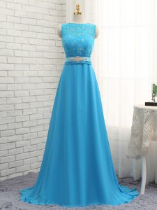 Baby Blue Sleeveless Brush Train Beading and Lace Quinceanera Court Dresses