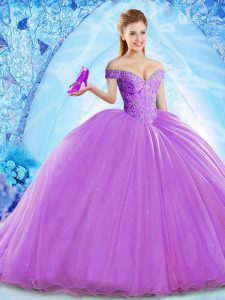 Edgy Lavender Sleeveless Organza Brush Train Lace Up Vestidos de Quinceanera for Military Ball and Sweet 16 and Quinceanera