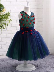 Glorious Lace and Appliques Pageant Gowns For Girls Navy Blue Zipper Sleeveless Knee Length