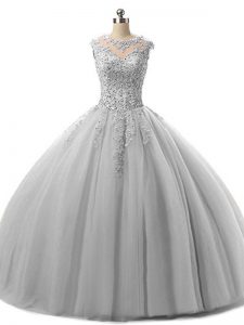 Amazing Scoop Sleeveless Ball Gown Prom Dress Floor Length Beading and Lace Grey Tulle