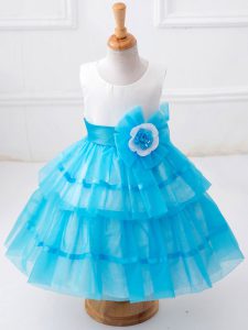 Baby Blue Sleeveless Ruffled Layers and Hand Made Flower Tea Length Custom Made Pageant Dress