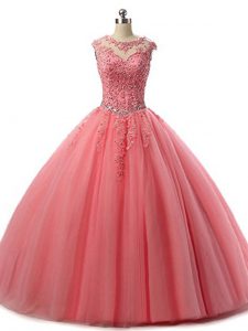 Ball Gowns Quinceanera Dresses Watermelon Red Scoop Tulle Sleeveless Floor Length Lace Up