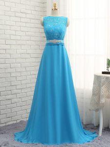 Artistic Sleeveless Beading and Lace Zipper Quinceanera Court Dresses with Baby Blue Brush Train