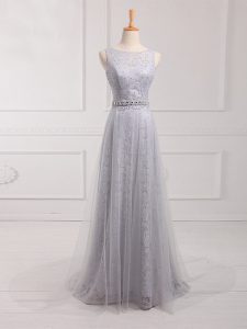 Grey Scoop Zipper Beading and Lace Quinceanera Dama Dress Brush Train Sleeveless