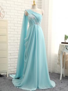 Elegant Chiffon One Shoulder Sleeveless Brush Train Zipper Beading and Ruching Dama Dress in Aqua Blue