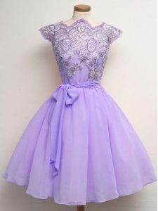 Scalloped Cap Sleeves Lace Up Court Dresses for Sweet 16 Lavender Chiffon