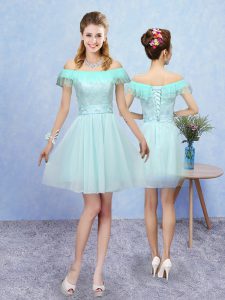 Superior Tulle Off The Shoulder Cap Sleeves Lace Up Lace Dama Dress in Aqua Blue