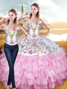 Floor Length Two Pieces Sleeveless Rose Pink Quinceanera Gown Lace Up