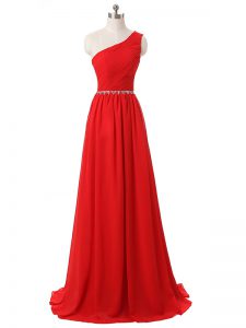 Empire Dama Dress Red One Shoulder Chiffon Sleeveless Floor Length Side Zipper